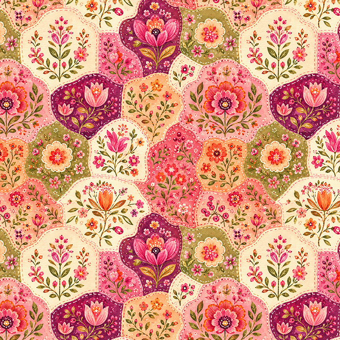 Tecido Sarja Impermeável Estampada Patchwork Floral Rosa 9100E17106