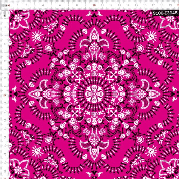 Retalho Tecido Tricoline Digital Bandana Caveiras Rosa e Preta (0,50x1,50 mts) RET9100e3645