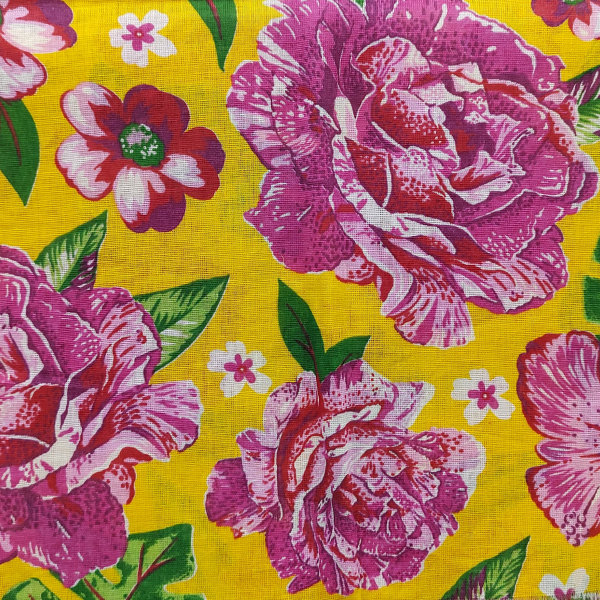 Tecido Chitão Estampado 100% Algodão Floral Rosa Fundo Amarelo 2421v1