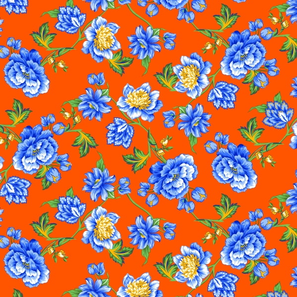 Tecido Chitão Estampado Floral Azul Amarelo e Laranja 2837v2