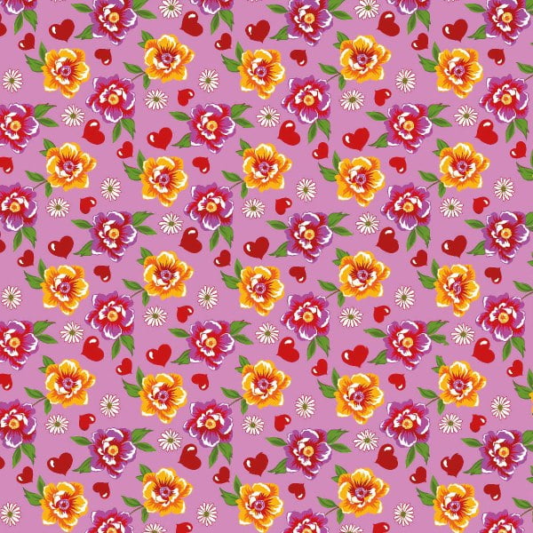 Tecido Chitão Estampado Floral  Com Coração Fundo Rosa 2692v1