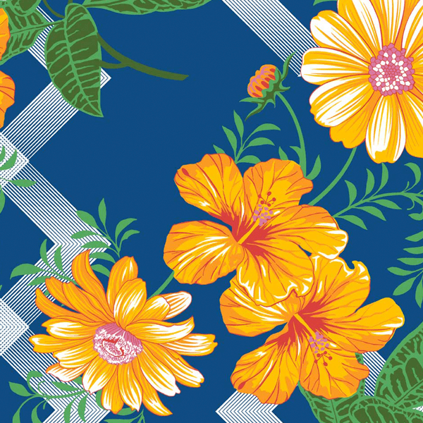Tecido Chitão Estampado Floral Grande Amarelo Fundo Azul 2844v02