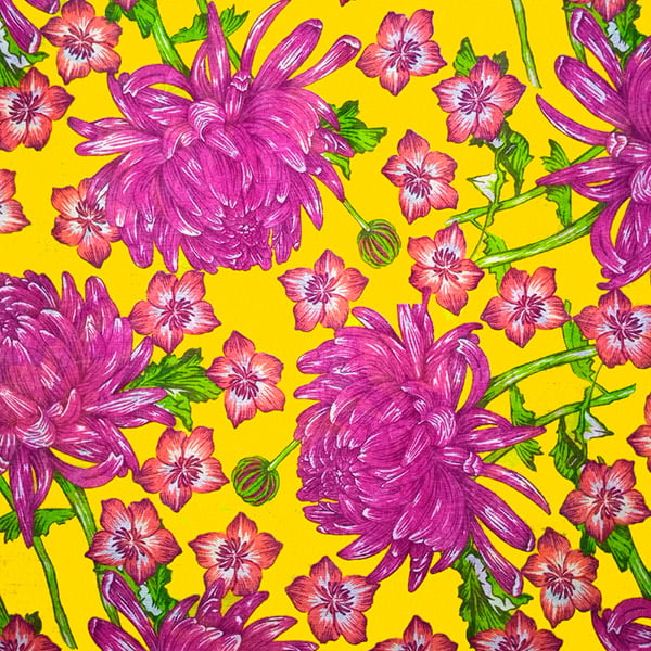 Tecido Chitão Estampado Floral Pink Fundo amarelo 100% Algodão 2705v2