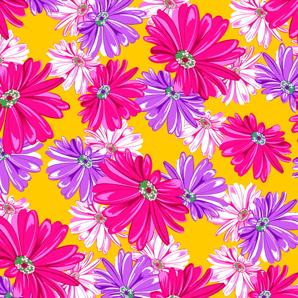 Tecido Chitão Estampado Floral Rosa e Roxo Fundo Amarelo 3012v01