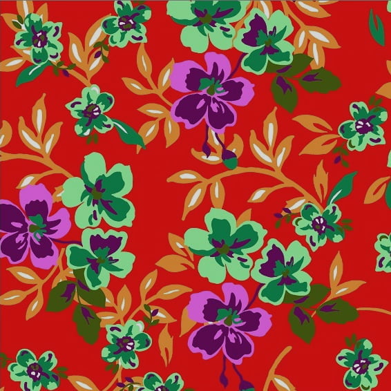 Tecido Chitão Estampado Floral Verde Fundo Vermelho 2601v2