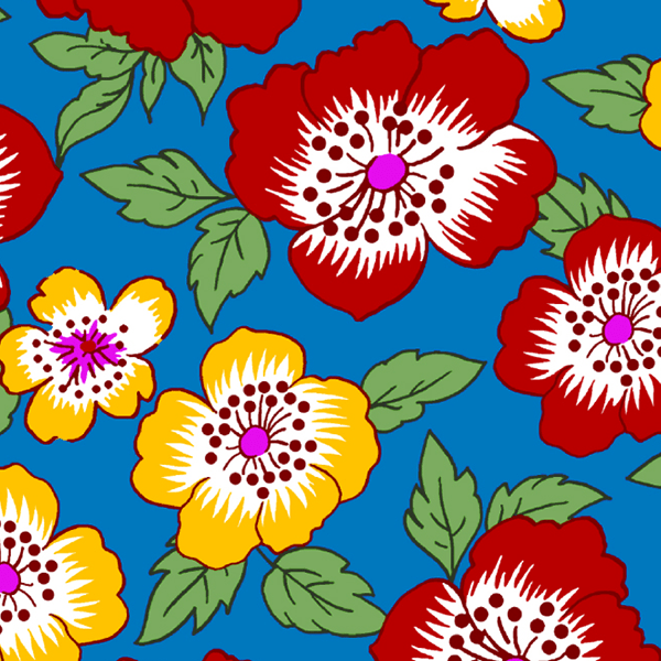 Tecido Chitão Estampado Floral Vermelho e Amarelo Fundo Azul 2851v02