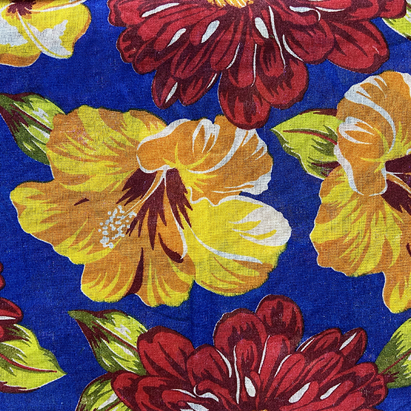 Tecido Chitão Estampado Floral Vermelho e Amarelo Fundo Azul Marinho 5429v01