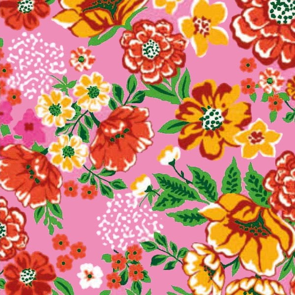 Tecido Chitão Estampado Floral  Vermelho e Amarelo Fundo Rosa 2689v1