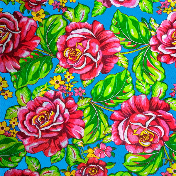 Tecido Chitão Estampado Floral Vermelho Fundo Azul Claro 2611V3