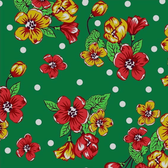 Tecido Chitão Estampado Floral Vermelho Fundo Verde Bolinha Branca 2600v2