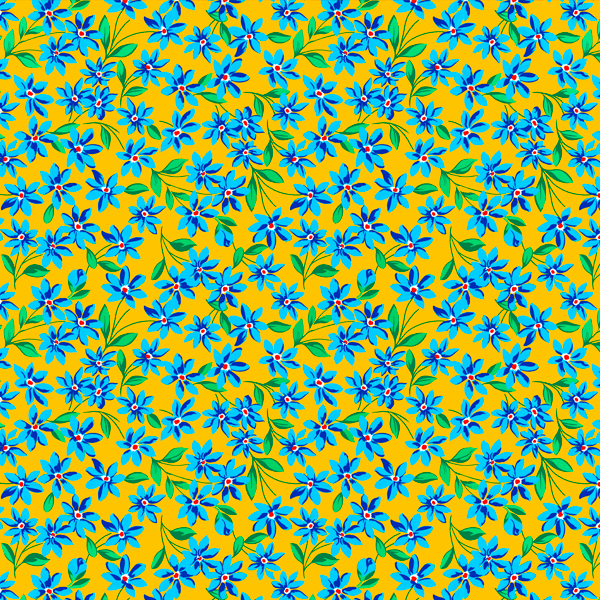 Tecido Chitão Estampado Flores Azul Fundo Amarelo 2865v01