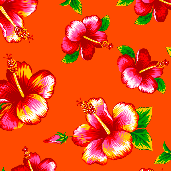 Tecido Chitão Estampado Flores Hibisco Fundo Laranja 3020v02