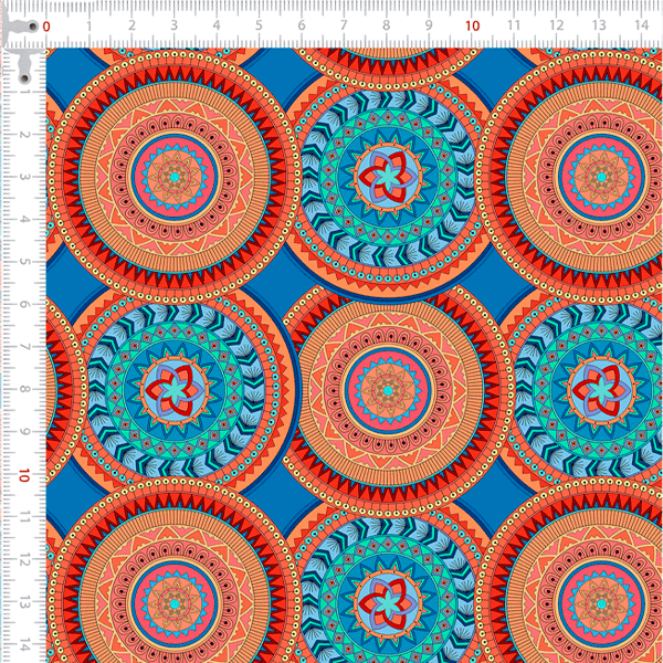 Tecido Tricoline Digital Mandalas Sobrepostas Laranja e Tiffany 9100e7863