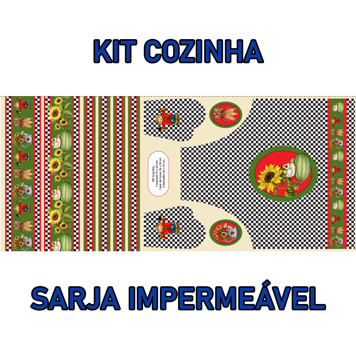 Kit Sarja Estampada Impermeável Avental Luva e Barrado Girassol 9100e4514