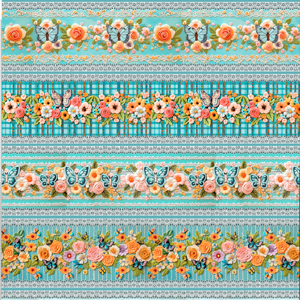 Tecido Tricoline Digital 3D Barrado Floral Bordado com Borboletas ( 0,55 x 1,50 mts ) 9100E15028
