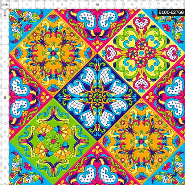 Tecido Tricoline Digital Azulejo Cerâmica Floral Mexicana 9100e2768