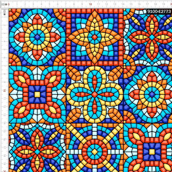 Tecido Tricoline Digital Azulejo Mosaico Vitral 9100e2773