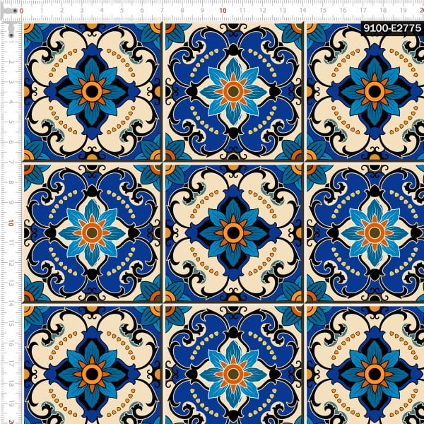 Tecido Tricoline Digital Azulejo Português Floral 9100e2775