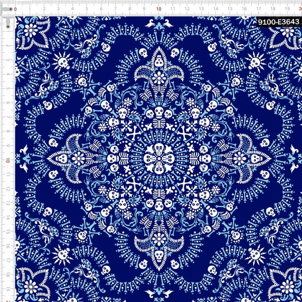 Tecido Tricoline Digital Bandana Caveiras Azul Claro e Azul Marinho 9100e3643