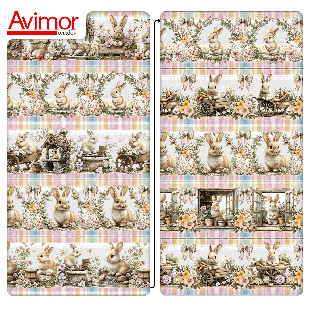 Tecido Tricoline Digital Barrado Coelhinhos da Páscoa 9100E15755
