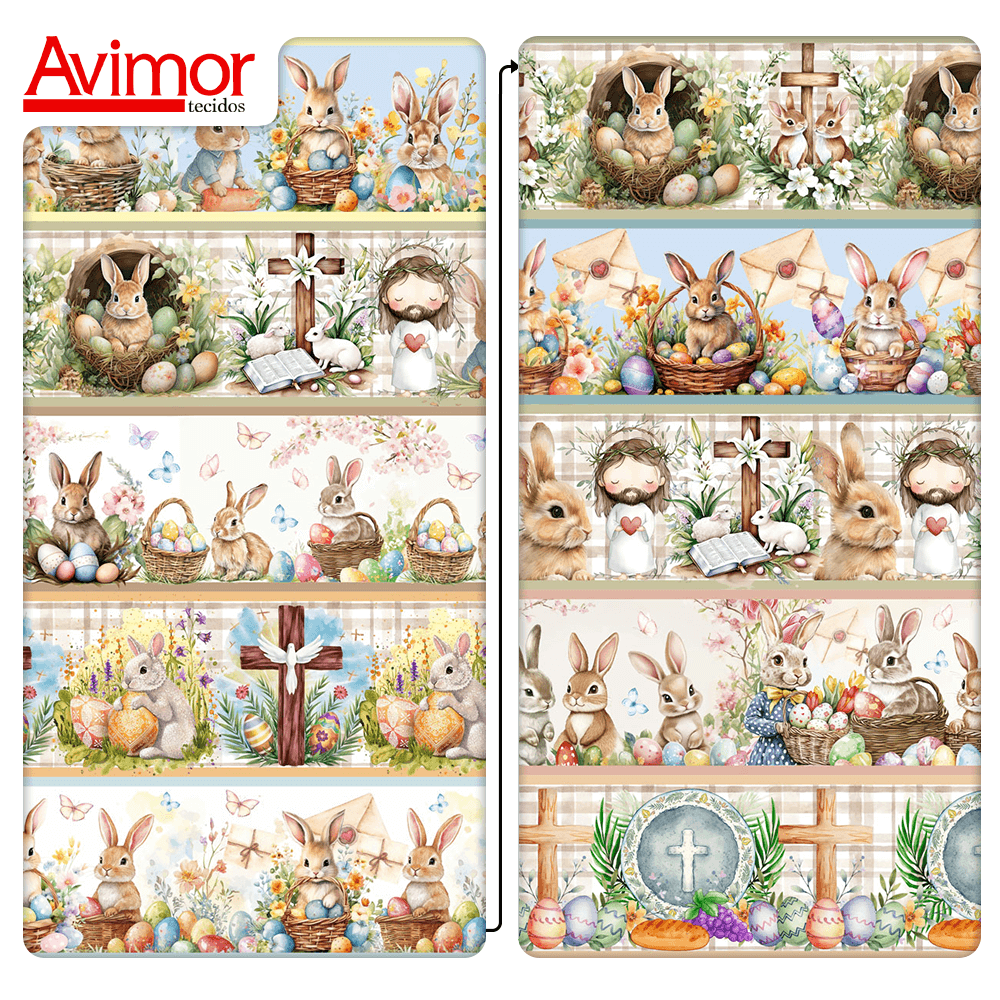 Tecido Tricoline Digital Barrado Coelhos Cestas de Ovos Páscoa 9050v358