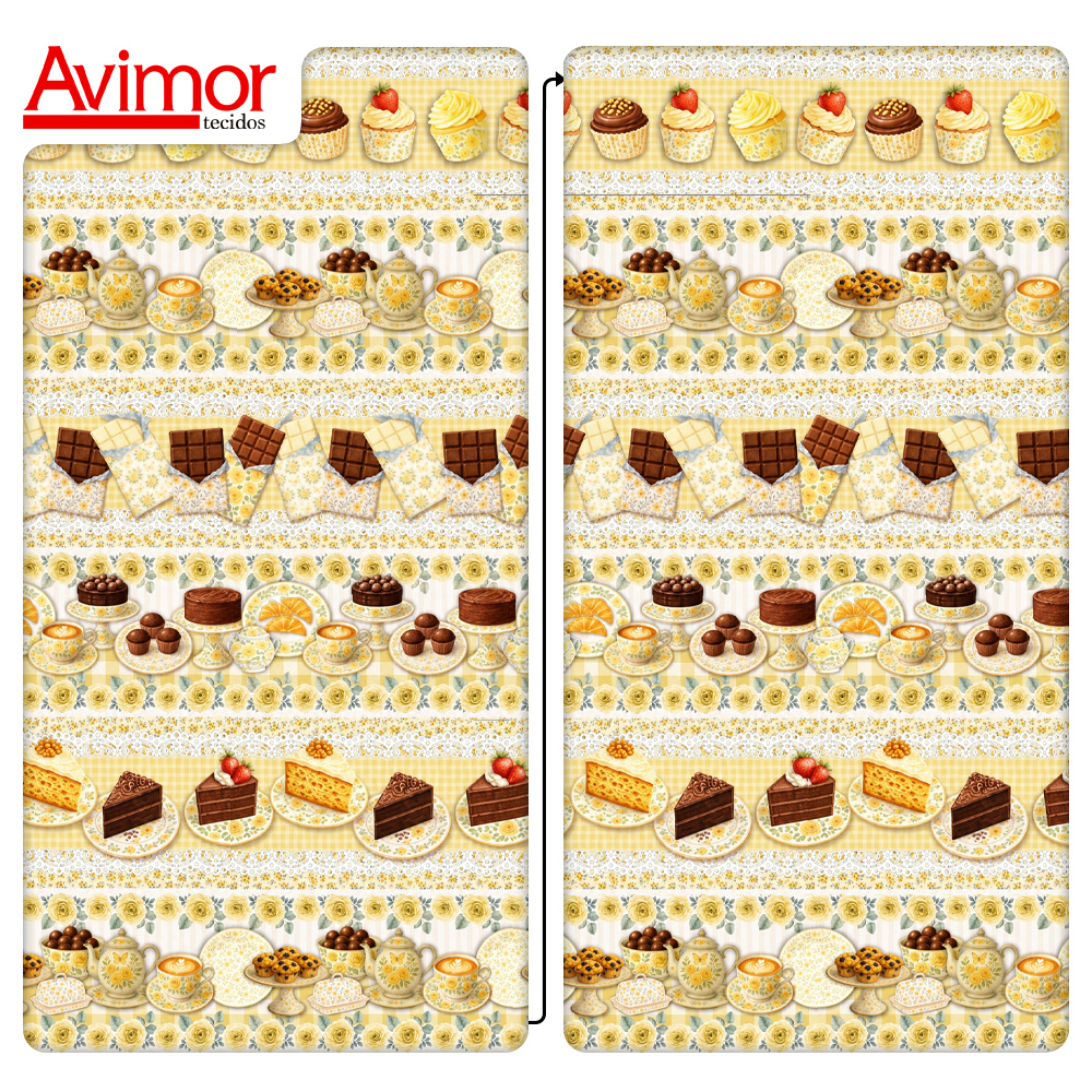 Tecido Tricoline Digital Barrado Confeitaria Amarelo A9853v03