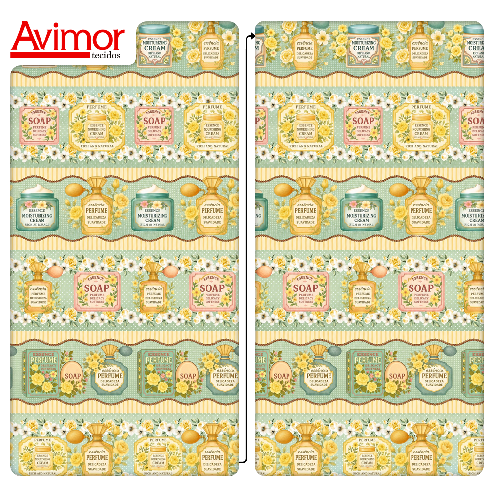 Tecido Tricoline Digital Barrado Essências e Perfumes Amarelo A9850v03