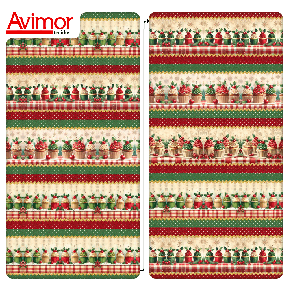 Tecido Tricoline Digital Barrado Estampado Cupcake de Natal A5427
