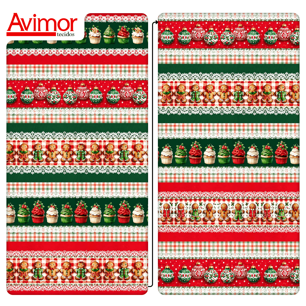 Tecido Tricoline Digital Barrado Estampado Doces de Natal A5420