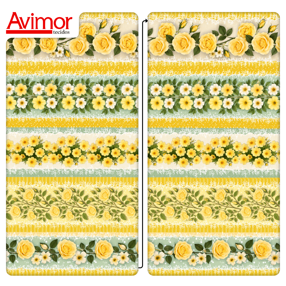 Tecido Tricoline Digital Barrado Floral Jardim Amarelo A9855v03
