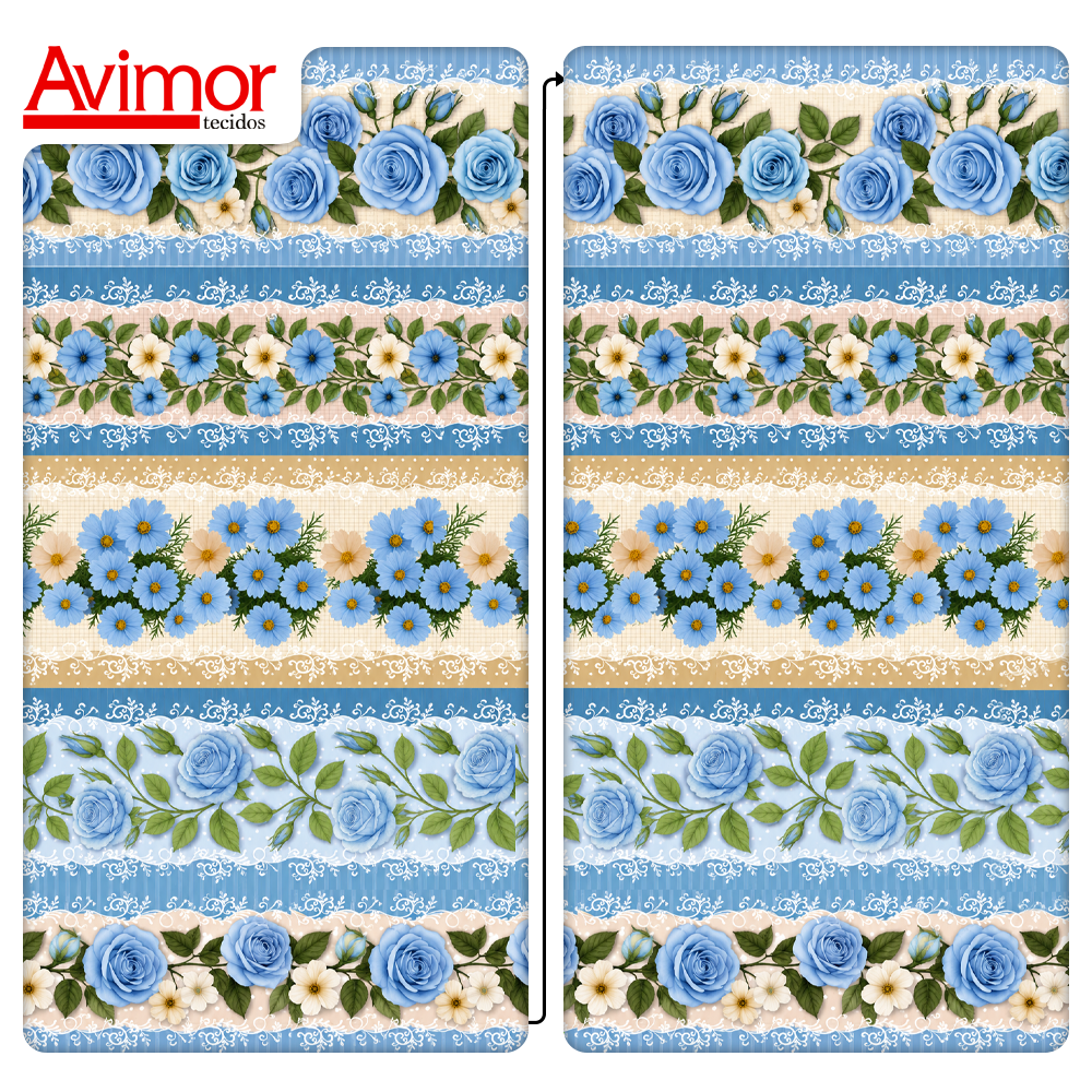 Tecido Tricoline Digital Barrado Floral Jardim Azul A9855v02