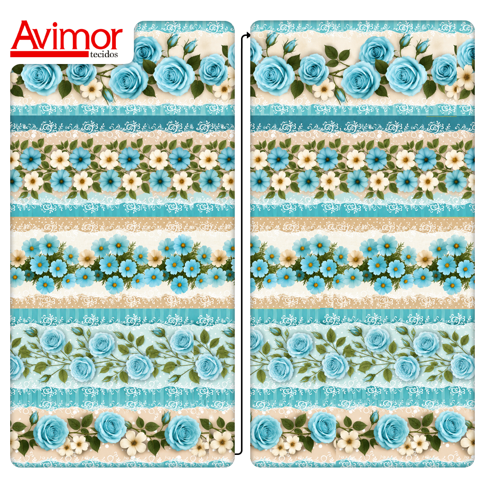 Tecido Tricoline Digital Barrado Floral Jardim Azul Claro A9855v04