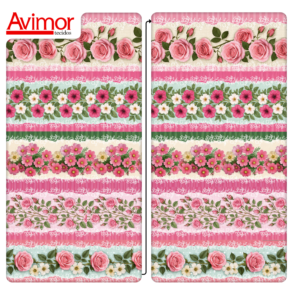 Tecido Tricoline Digital Barrado Floral Jardim Rosa A9855v01