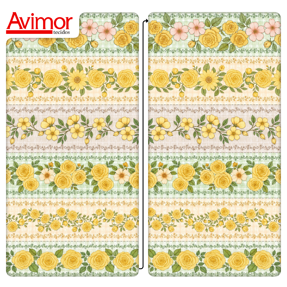 Tecido Tricoline Digital Barrado Floral Xadrez Amarelo A9848v03