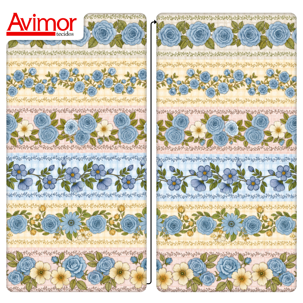 Tecido Tricoline Digital Barrado Floral Xadrez Azul A9848v02