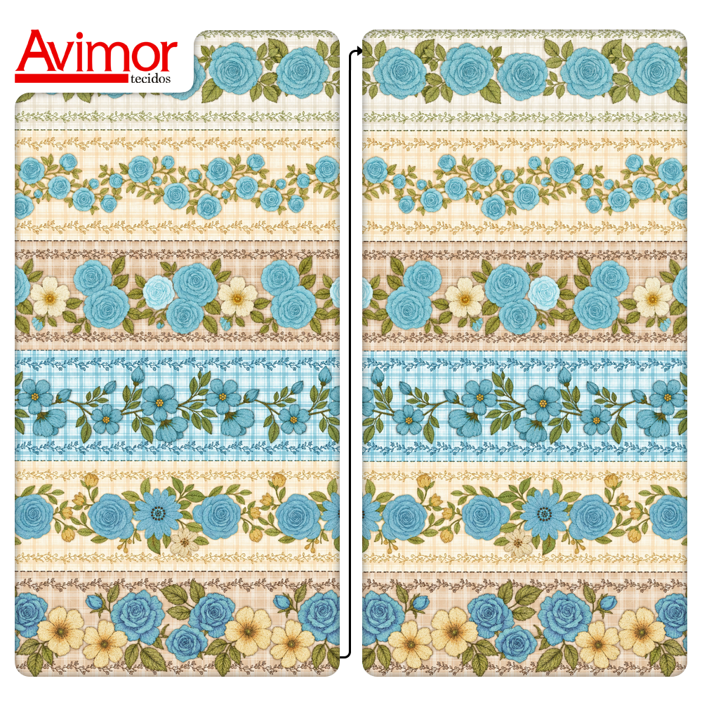 Tecido Tricoline Digital Barrado Floral Xadrez Azul Claro A9848v04