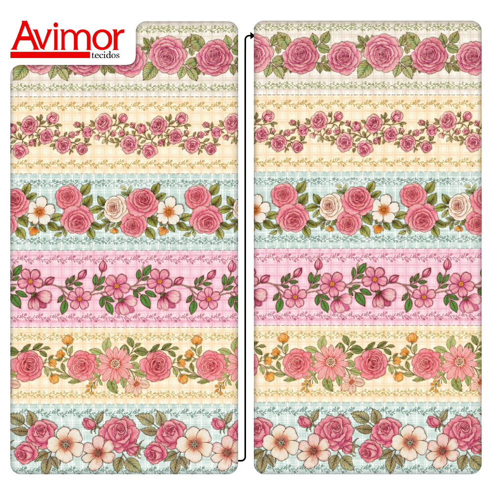 Tecido Tricoline Digital Barrado Floral Xadrez Rosa A9848v01