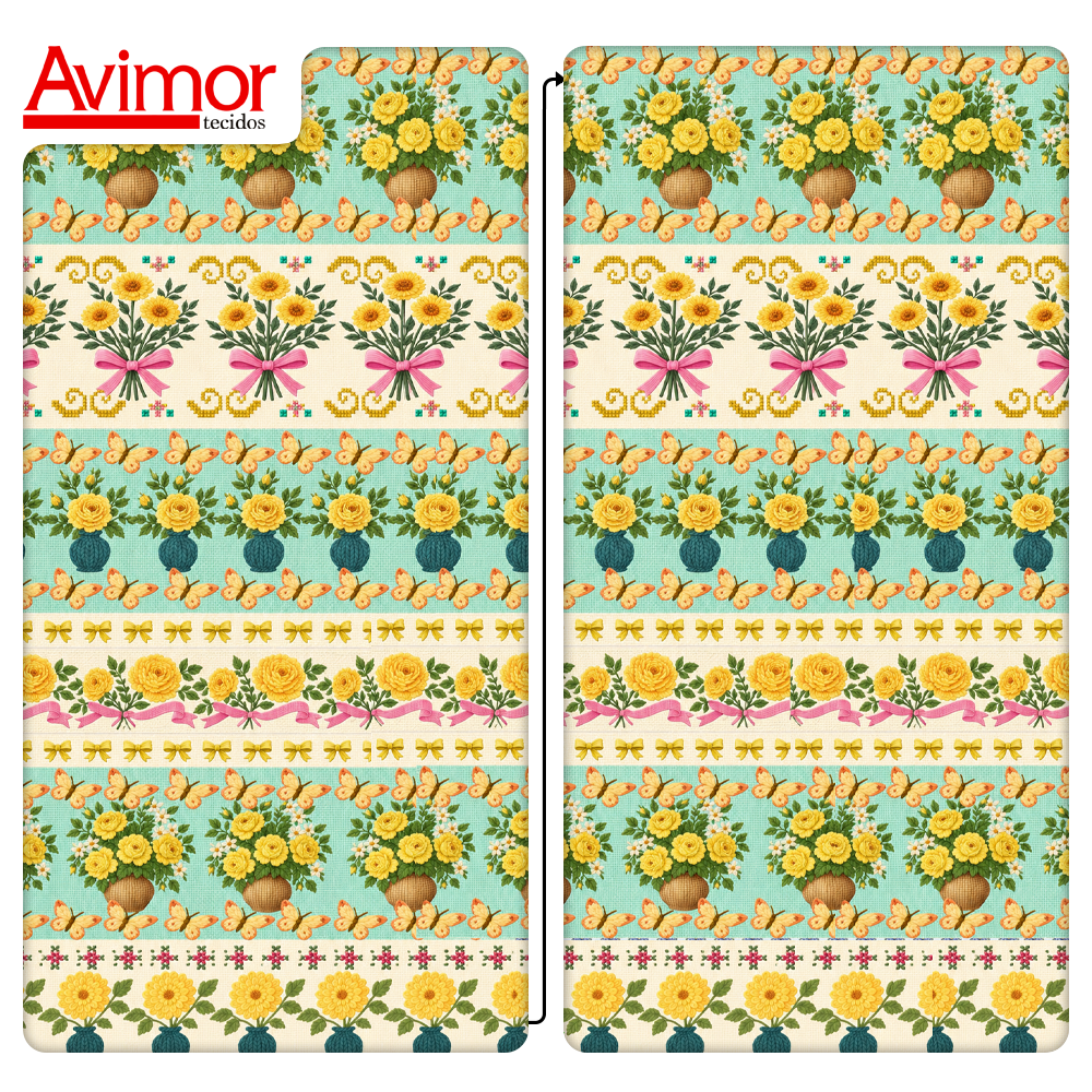Tecido Tricoline Digital Barrado Jardim de Rosas Amarelo A9854v03