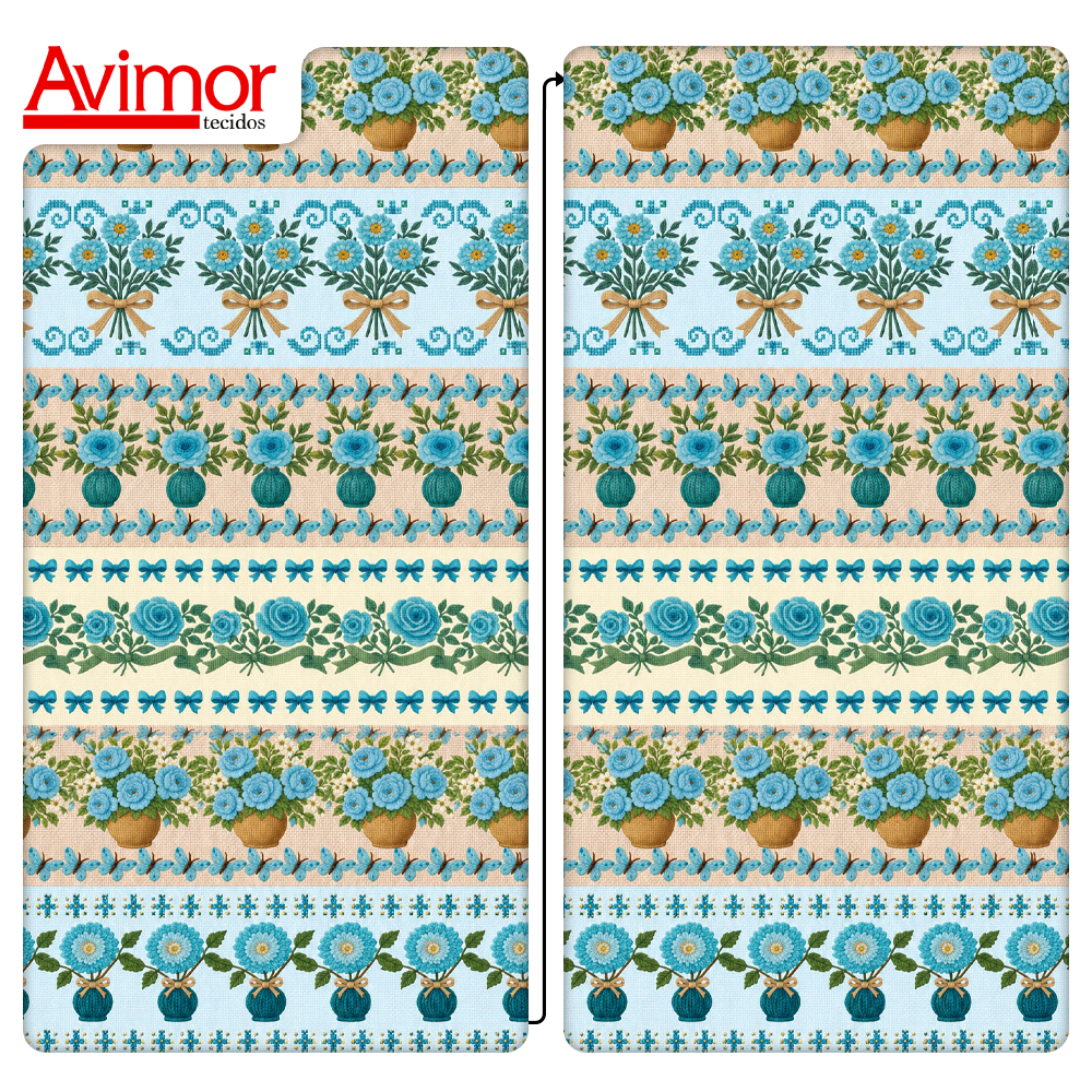 Tecido Tricoline Digital Barrado Jardim de Rosas Azul Claro A9854v04