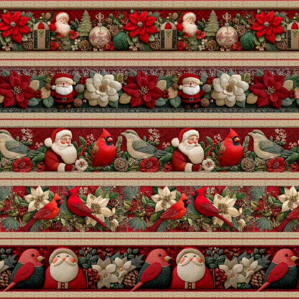 Tecido Tricoline Digital Barrado Noel Flores Pássaros de Natal 9101E14875