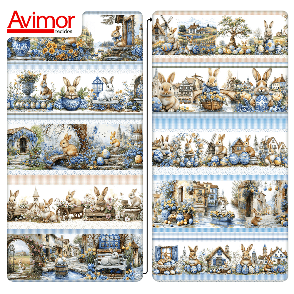 Tecido Tricoline Digital Barrado Vila Coelhos Ovos Páscoa 9050v370