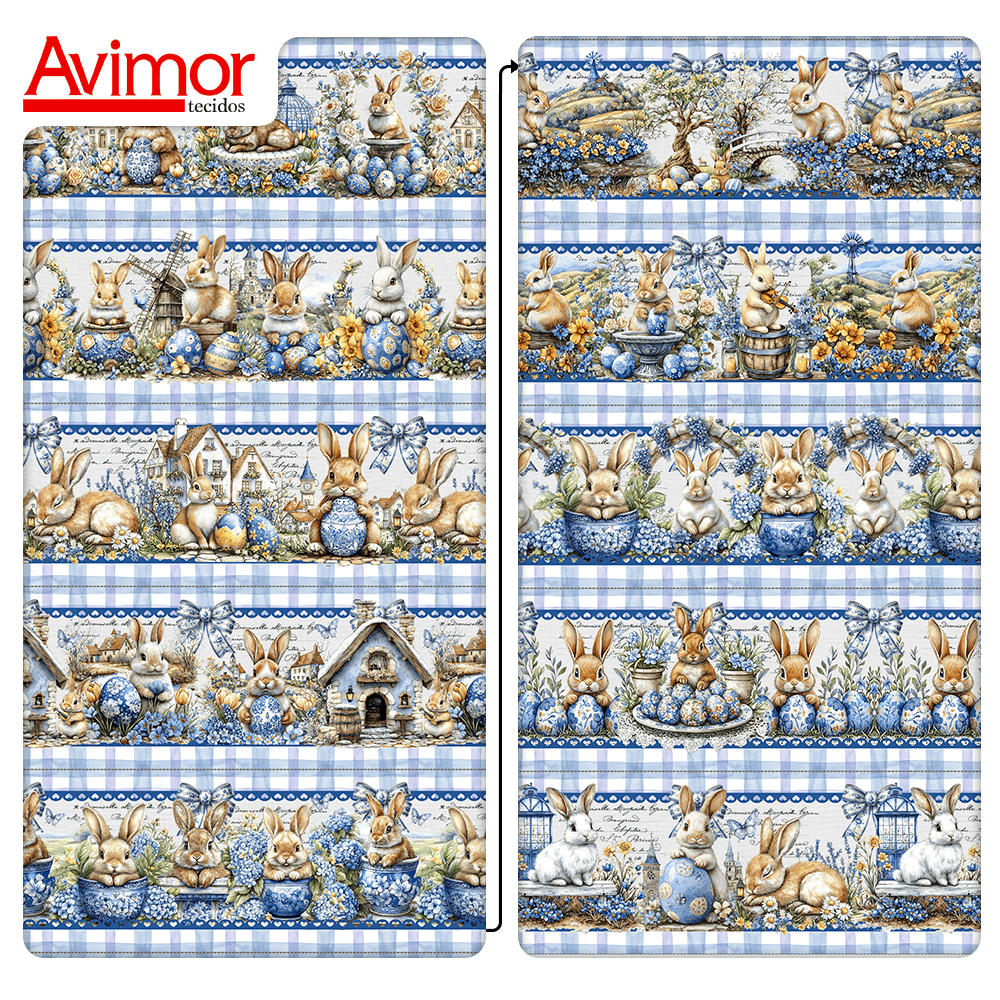 Tecido Tricoline Digital Barrado Vila dos Coelhinhos da Páscoa 9100E15754