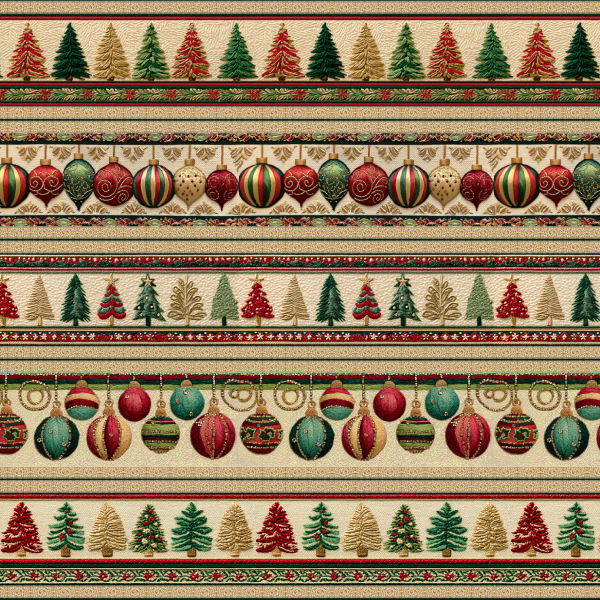 Tecido Tricoline Digital Barrados Árvores e Enfeites de Natal 9101E14878