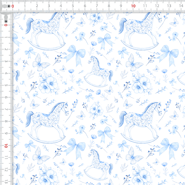 Tecido Tricoline Digital Cavalinho Laços Floral Azul 9100E15915