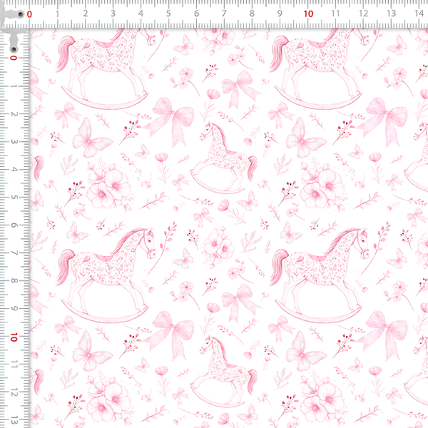 Tecido Tricoline Digital Cavalinho Laços Floral Rosa 9100E15916