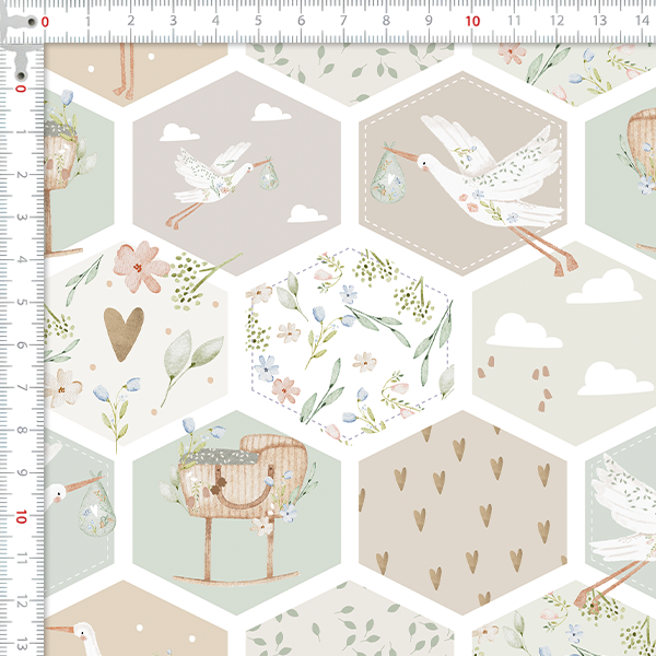 Tecido Tricoline Digital Cegonha Floral Hexágono 9100E16022