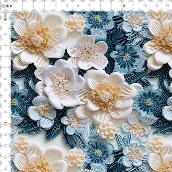 Tecido Tricoline Digital Estampado 3D Floral Chic Azul e Branco 9100E11565