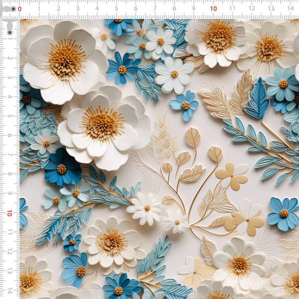 Tecido Tricoline Digital Estampado 3D Floral de Papel Branco e Azul 9100E11563