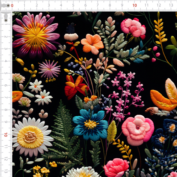 Tecido Tricoline Digital Estampado 3D Floral Multicolorido Fundo Preto 9100E11560