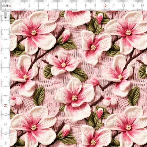 Tecido Tricoline Digital Estampado 3D Floral Rosa Bordado 9100E11555